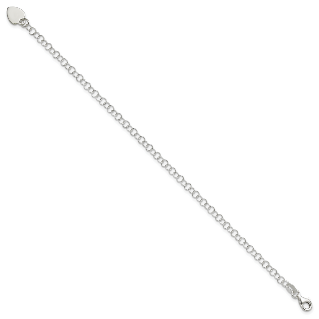 Sterling Silver Round Link with Heart Dangle Charm 7.25 Inch Bracelet