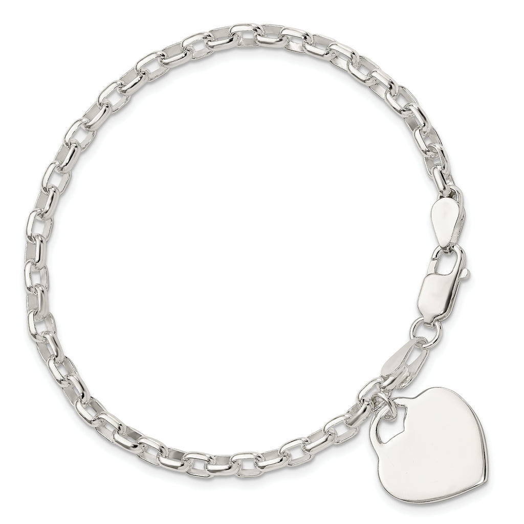 Sterling Silver Engravable 18mm Heart Charm Cable Link 8.5 inch Bracelet