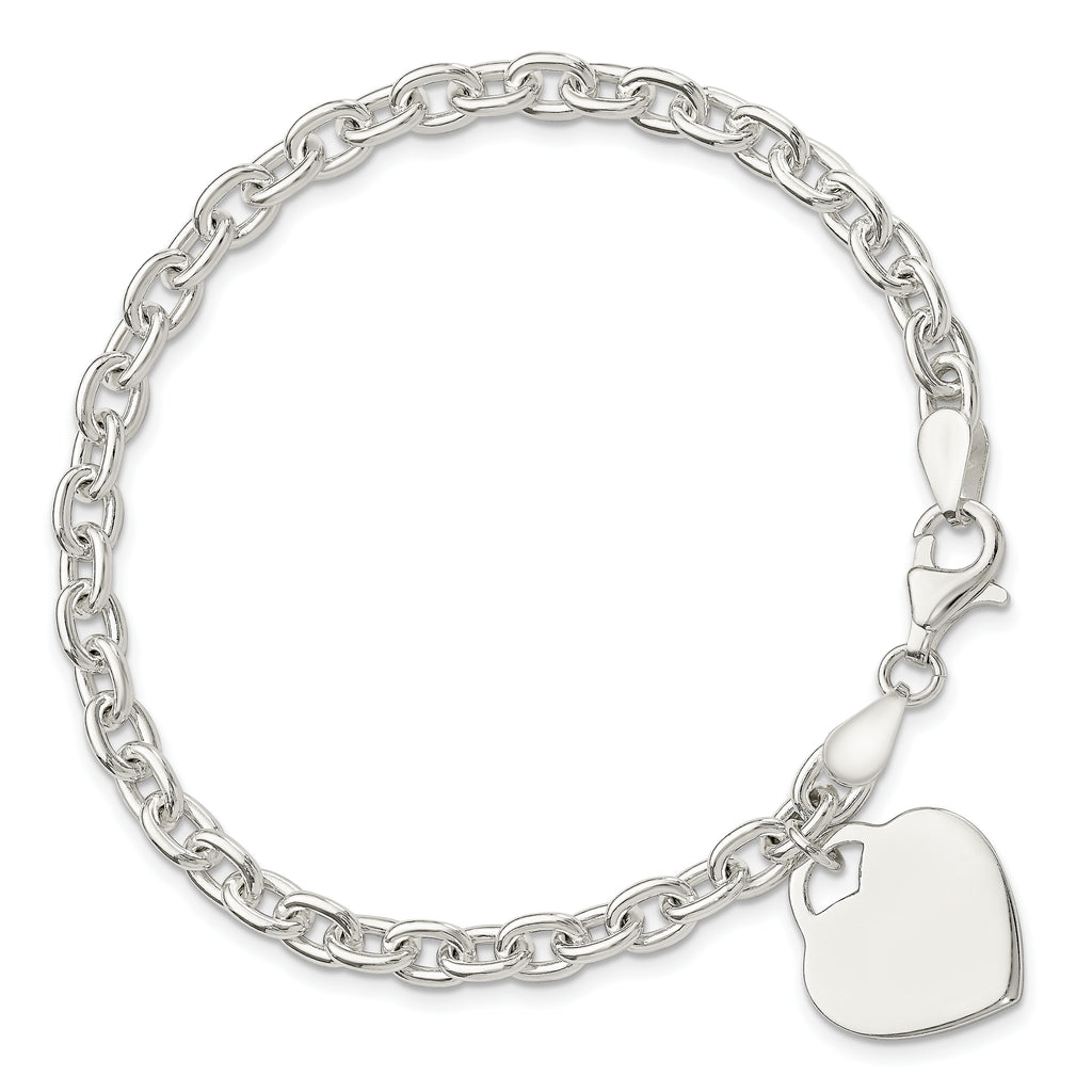 Sterling Silver Engravable 18mm Heart Charm Rolo Link 8.5 inch Bracelet