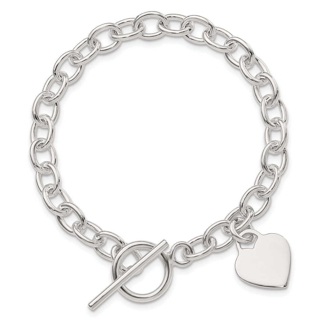 Sterling Silver Engravable 17x14mm Heart Charm Cable Link 7.25 inch Toggle Bracelet