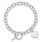 Sterling Silver Engravable 17x14mm Heart Charm Cable Link 7.25 inch Toggle Bracelet