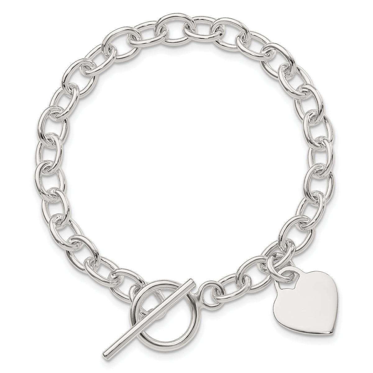 Sterling Silver Engravable 17x14mm Heart Charm Cable Link 7.25 inch Toggle Bracelet