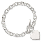 Sterling Silver Engravable 22x19mm Heart Charm Rolo Link 7.5 inch Toggle Bracelet