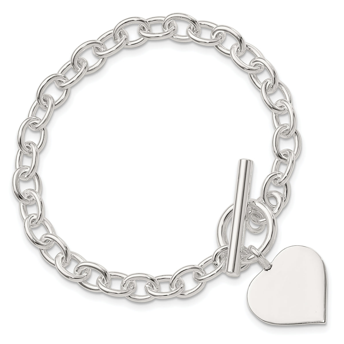 Sterling Silver Engravable 22x19mm Heart Charm Rolo Link 7.5 inch Toggle Bracelet