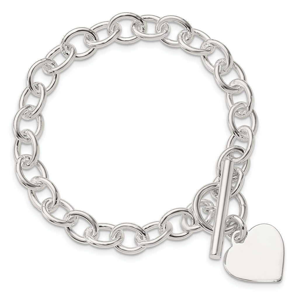 Sterling Silver Engravable 18x17mm Heart Charm Fancy Rolo Link 7.5 inch Toggle Bracelet