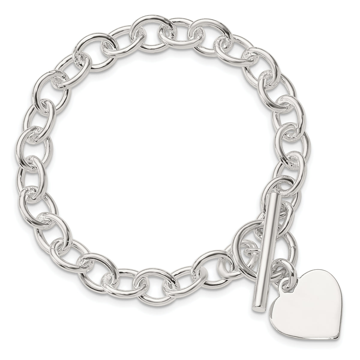 Sterling Silver Engravable 18x17mm Heart Charm Fancy Rolo Link 7.5 inch Toggle Bracelet