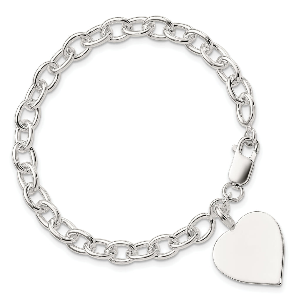 Sterling Silver Engravable 18mm Heart Charm Fancy Rolo Link 7.25 inch Bracelet