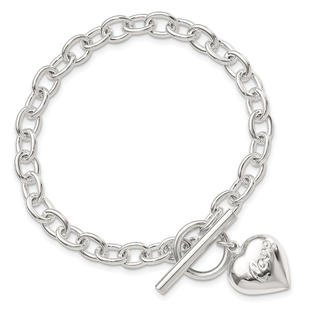 Sterling Silver LOVE Puffed Heart Charm 7.5 inch Toggle Bracelet