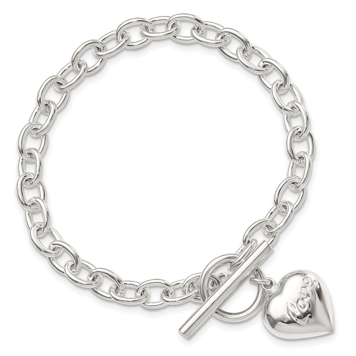 Sterling Silver LOVE Puffed Heart Charm 7.5 inch Toggle Bracelet