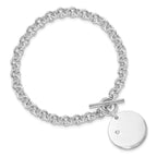 Sterling Silver Rhodium-plated .03ct Diamond Engravable 20mm Round Disc Rolo Link 7.5 inch Toggle Bracelet