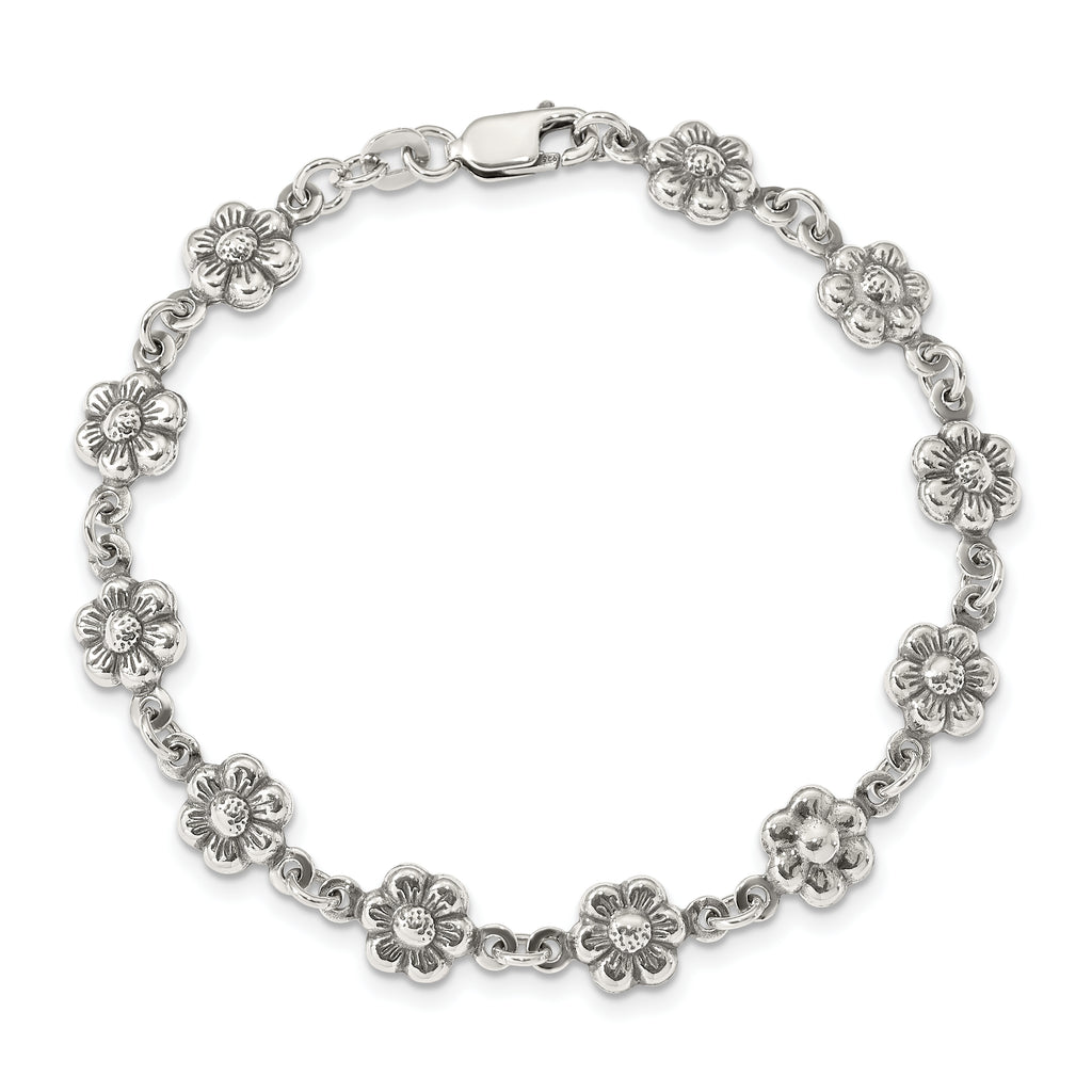 Sterling Silver Antiqued Flower Link 7 inch Bracelet