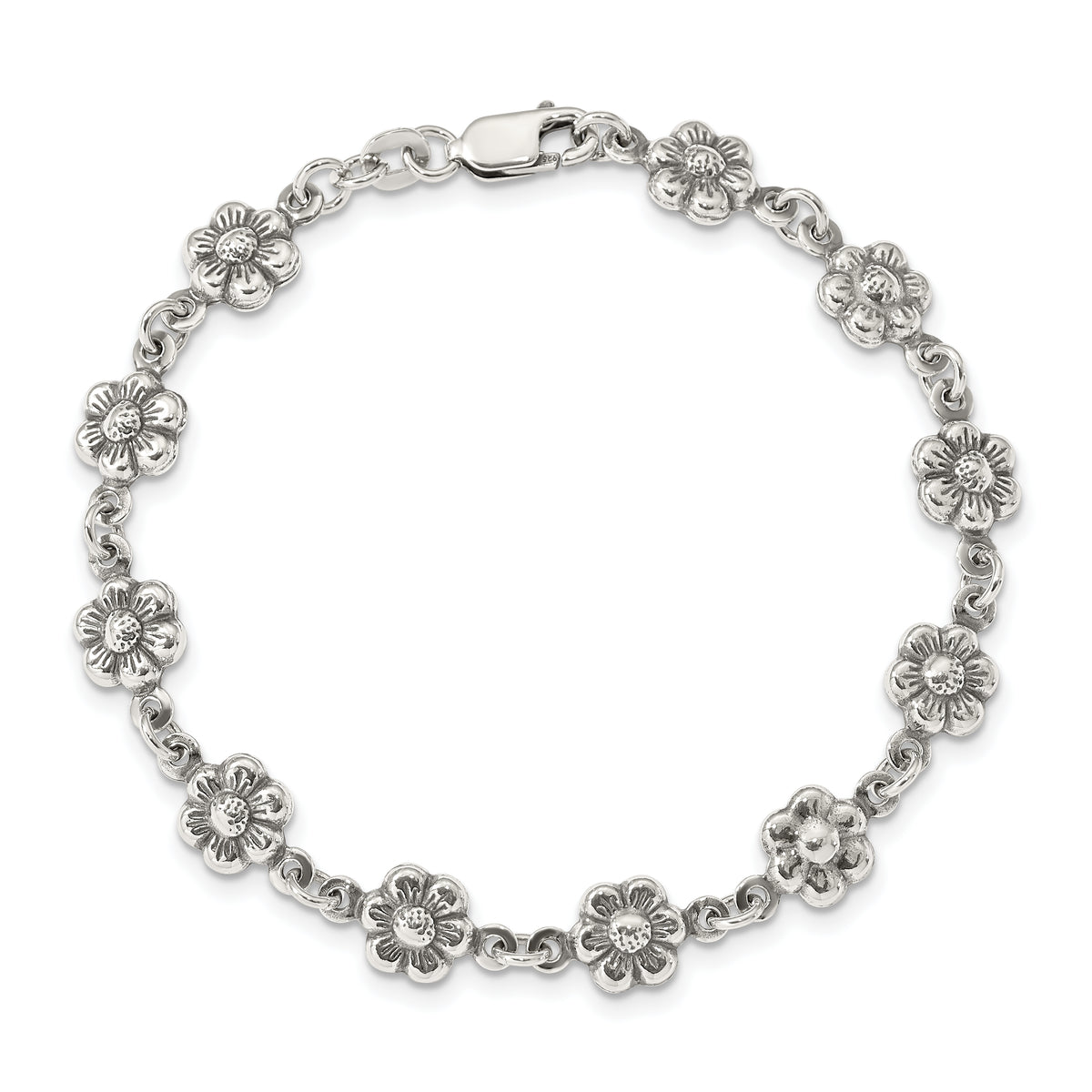 Sterling Silver Antiqued Flower Link 7 inch Bracelet