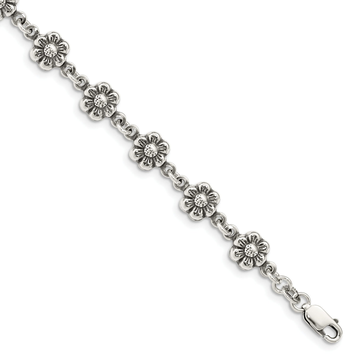 Flower Charm Bracelet in Sterling Silver, 8mm Antiqued, 7 Inch - Sophia Jewelers Main image