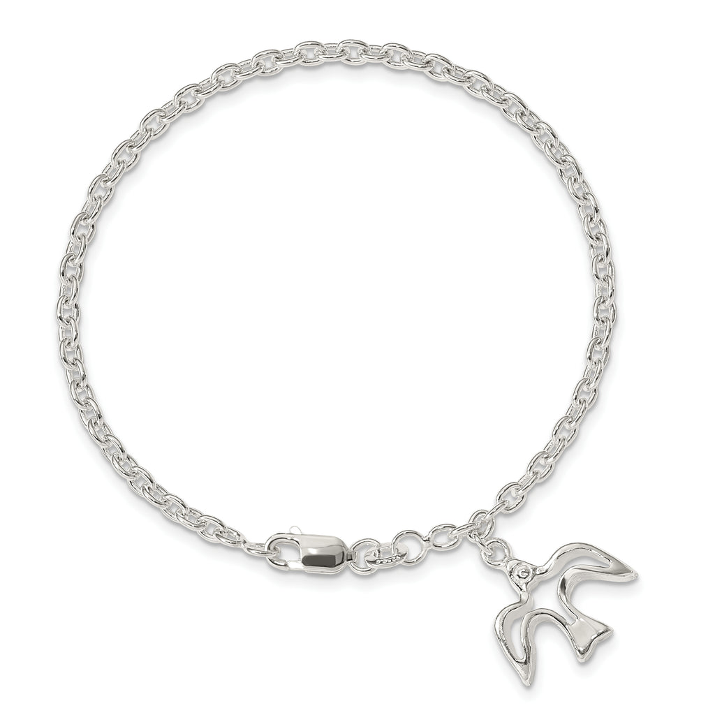 Sterling Silver Polished Dove Charm 7 inch Bracelet