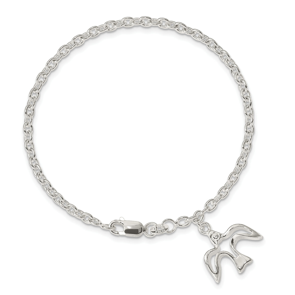 Sterling Silver Polished Dove Charm 7 inch Bracelet