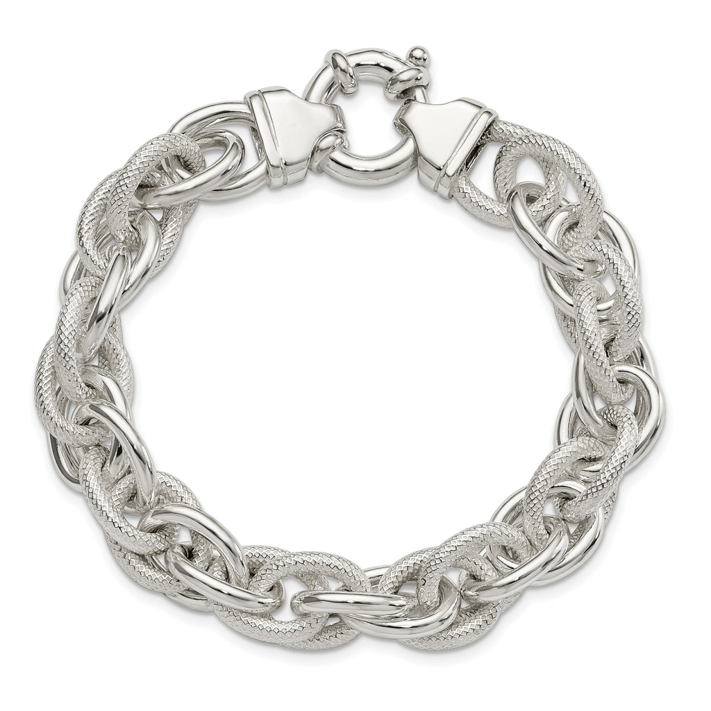 Sterling Silver Polished and Textured Fancy Link 7.75 inch Bracelet