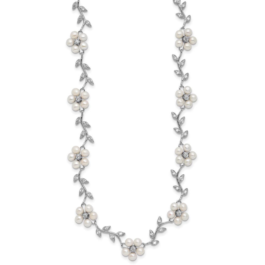Sterling Silver Rhodium-plated CZ Vine Pattern and Fresheater Cultured Pearl Floral 16 inch Necklace