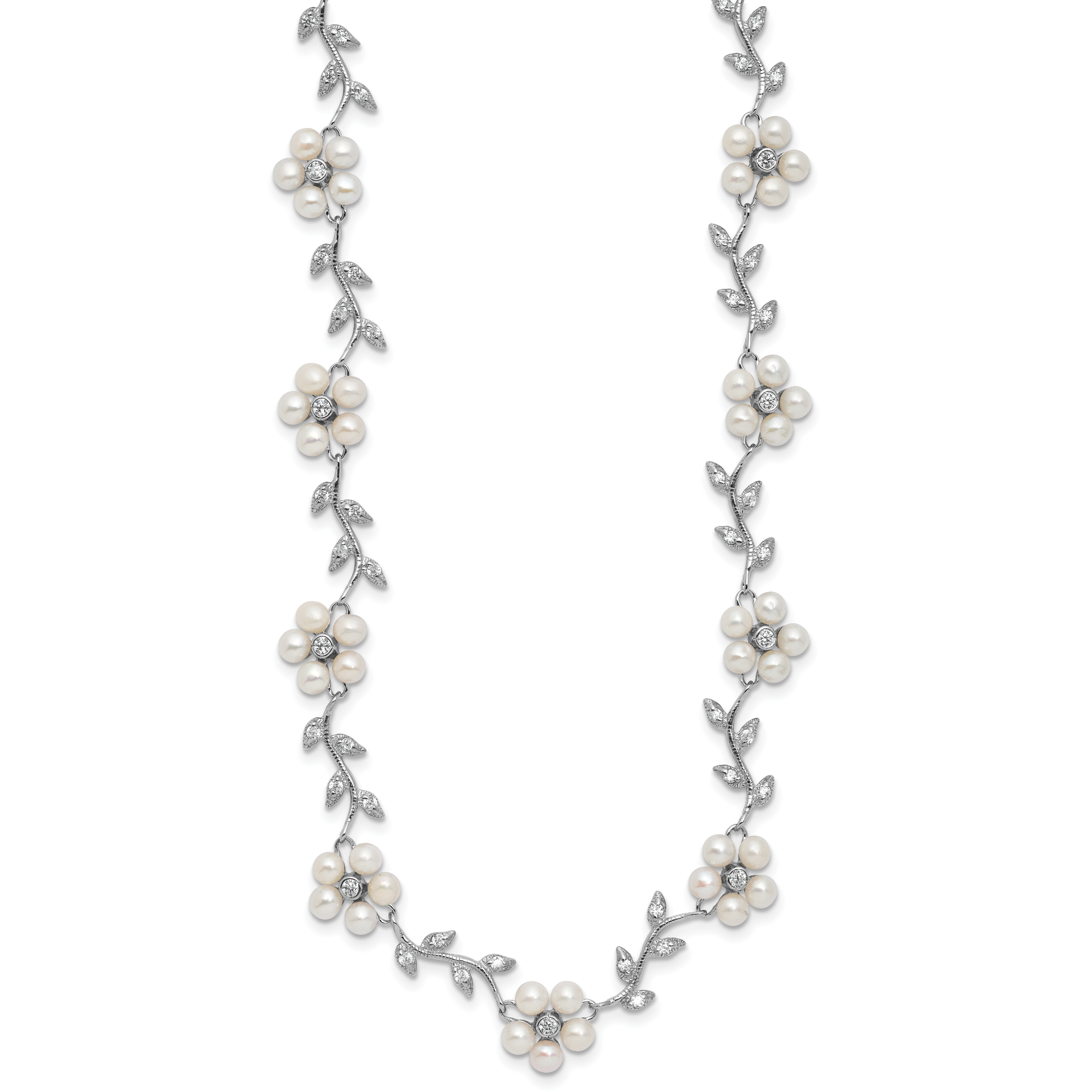 Sterling Silver Rhodium-plated CZ Vine Pattern and Fresheater Cultured Pearl Floral 16 inch Necklace