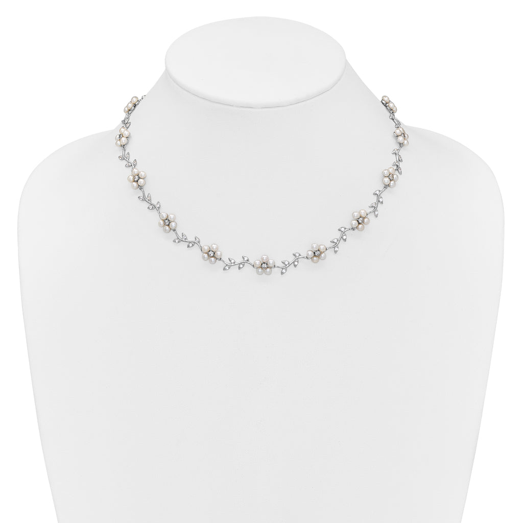Sterling Silver Rhodium-plated CZ Vine Pattern and Fresheater Cultured Pearl Floral 16 inch Necklace