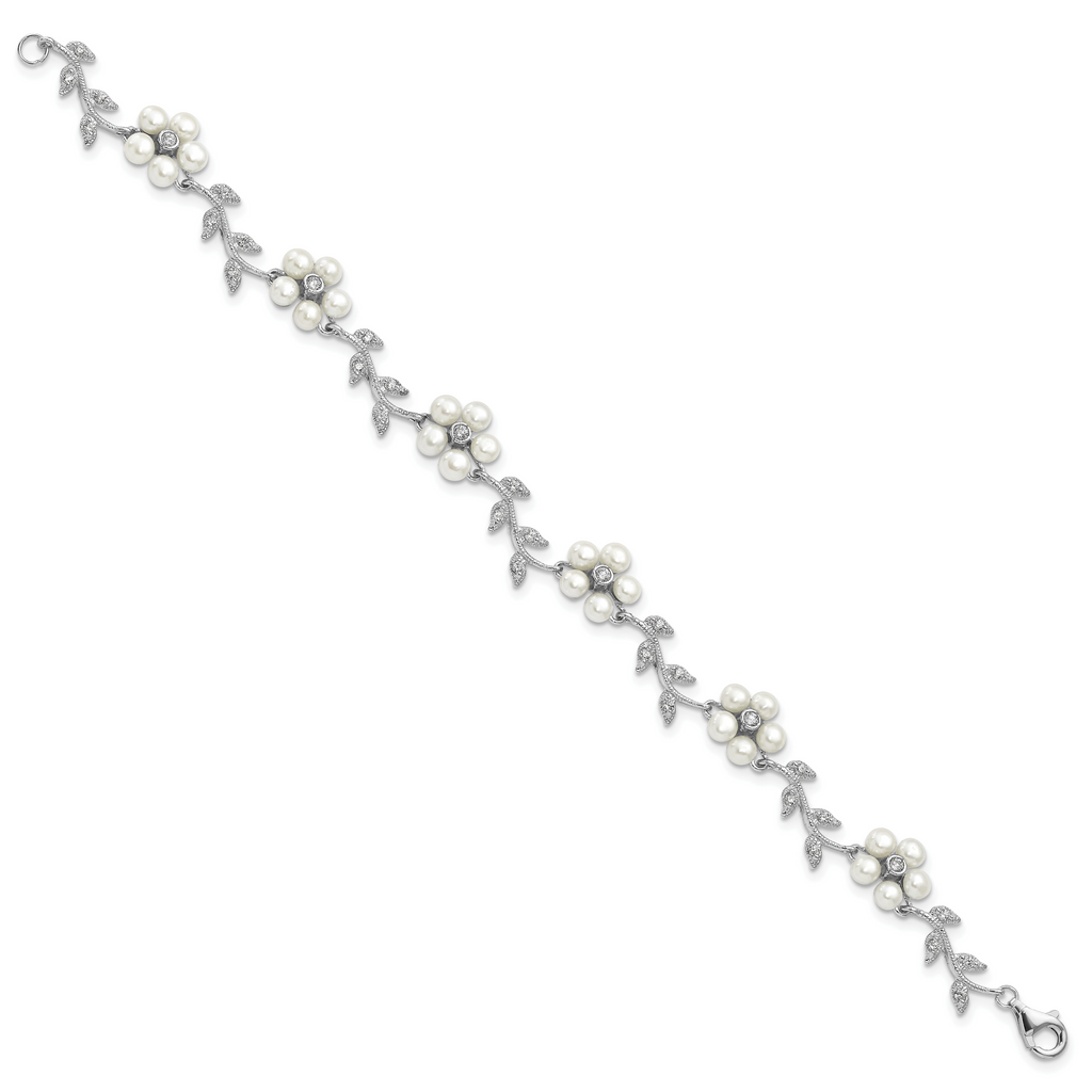 Sterling Silver Rhodium-plated CZ Vine Pattern and Fresheater Cultured Pearl Floral 7 inch Bracelet