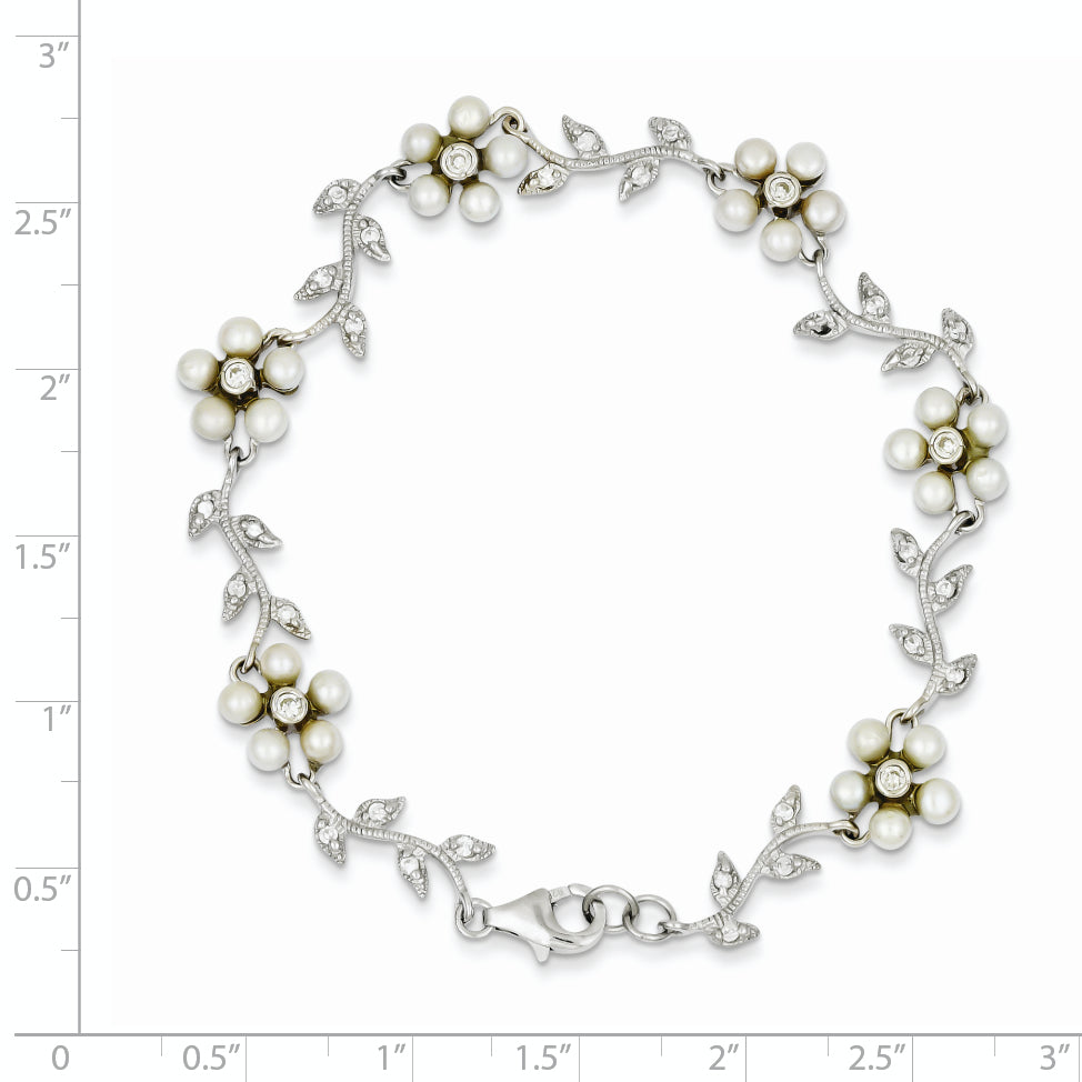 Sterling Silver Rhodium-plated CZ Vine Pattern and Fresheater Cultured Pearl Floral 7 inch Bracelet Secondary image