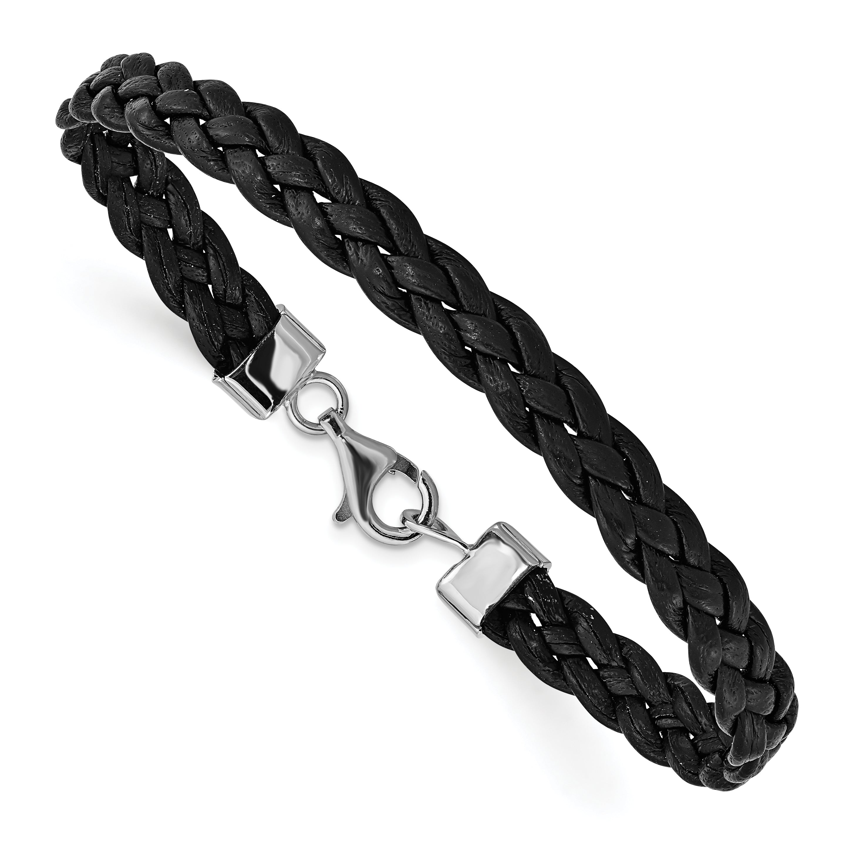 Sterling Silver Rhodium-plated Black Braided Leather Bracelet Main image