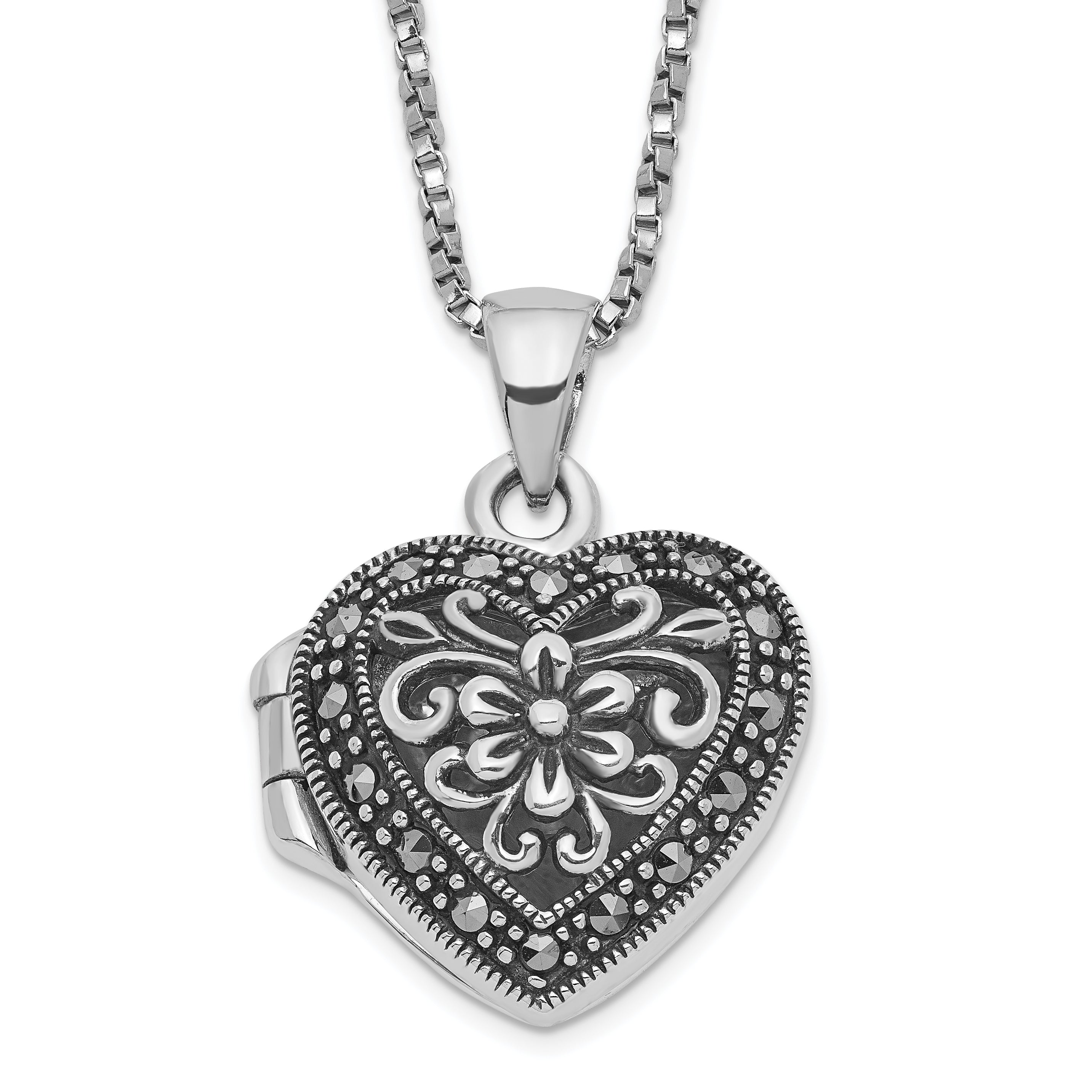 Sterling Silver Rhod-pltd Floral Marcasite Heart Locket 18in Necklace Main image