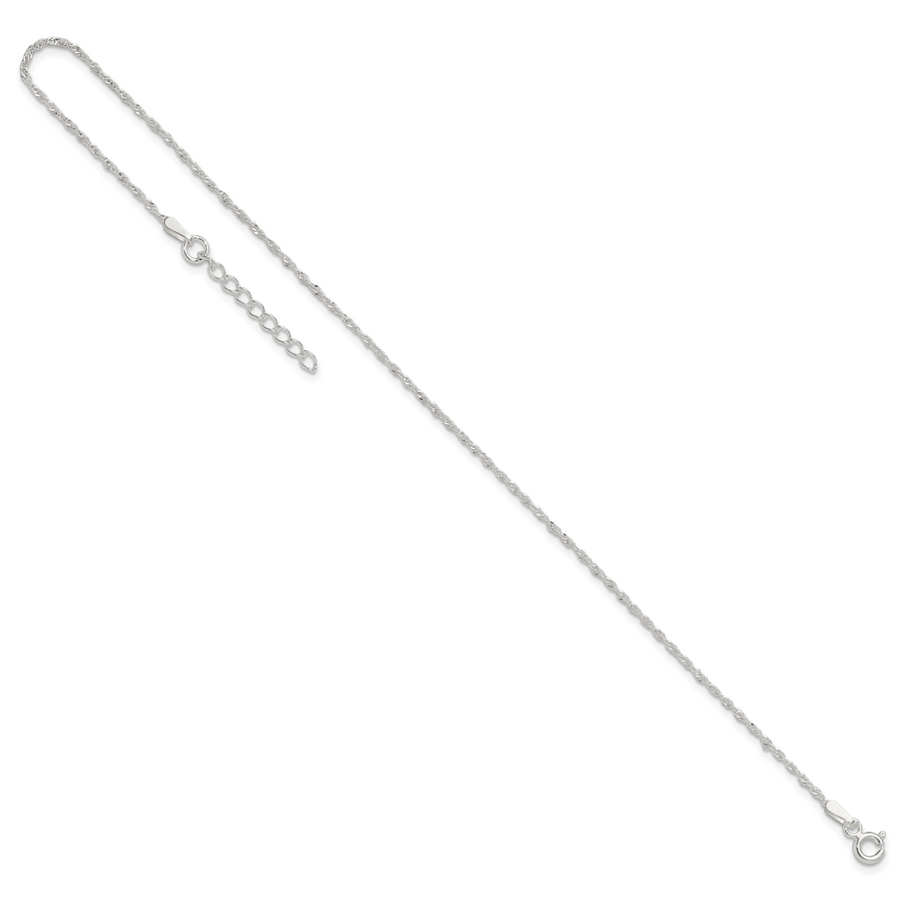 Sterling Silver 1.3mm Singapore Chain 9 inch Plus 1 inch Extender - Total 10 inch Anklet