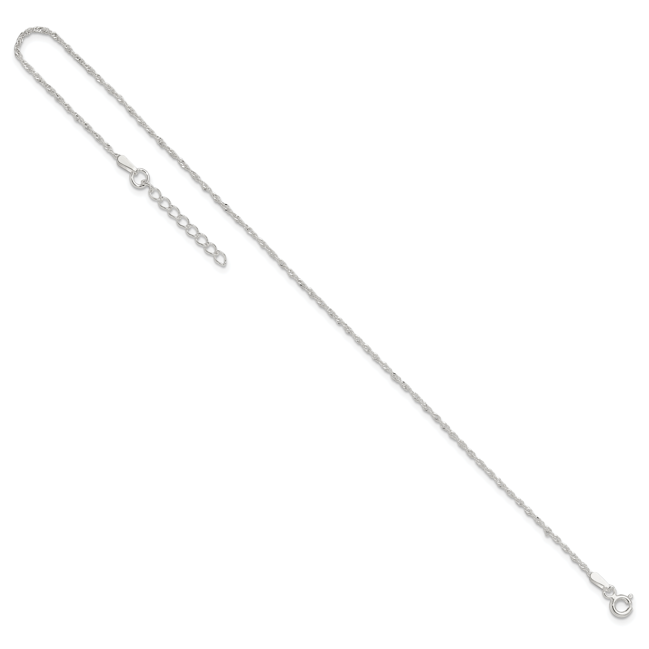 Sterling Silver 1.3mm Singapore Chain 9 inch Plus 1 inch Extender - Total 10 inch Anklet