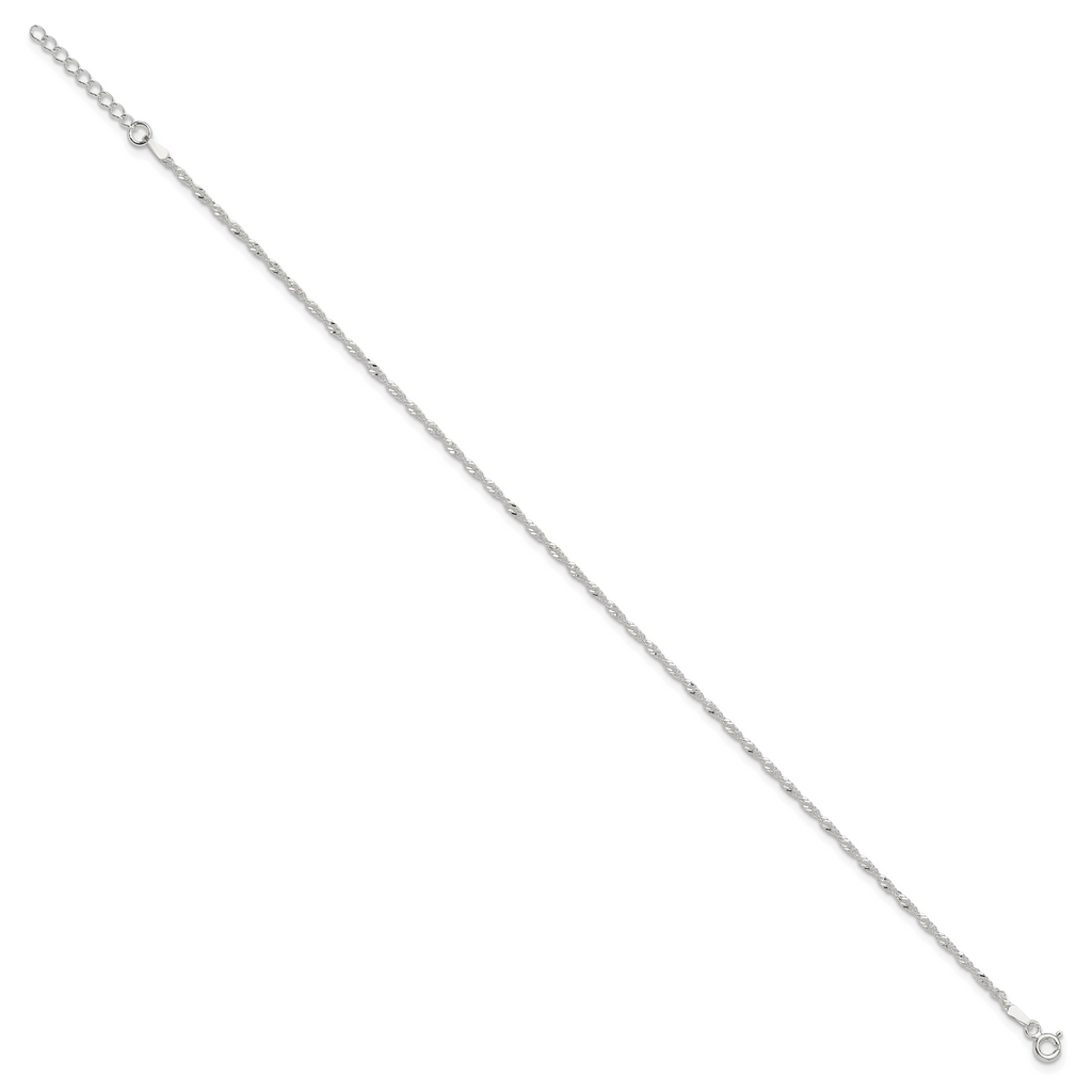 Sterling Silver 1.5mm Singapore Chain 10 inch Plus 1 inch Extender - Total 11 inch Anklet