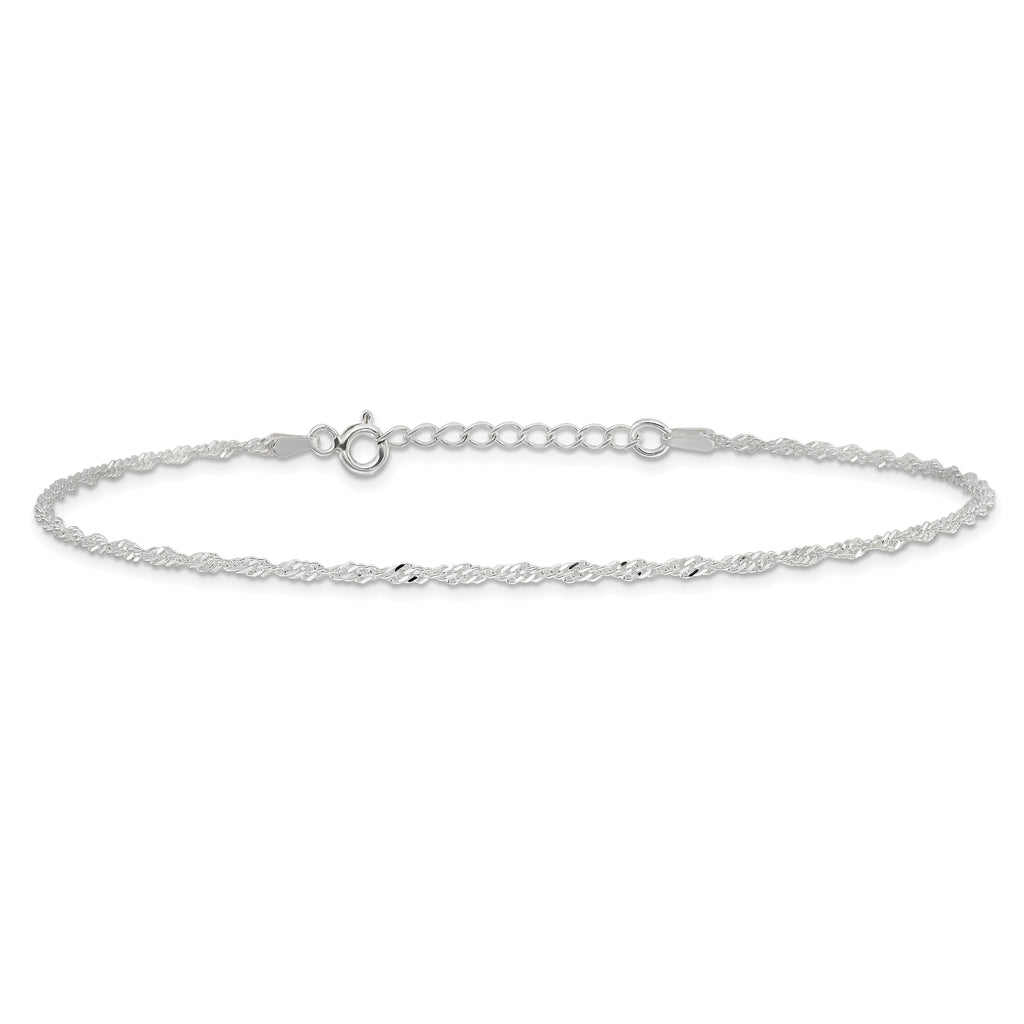 Sterling Silver 1.5mm Singapore Chain 10 inch Plus 1 inch Extender - Total 11 inch Anklet