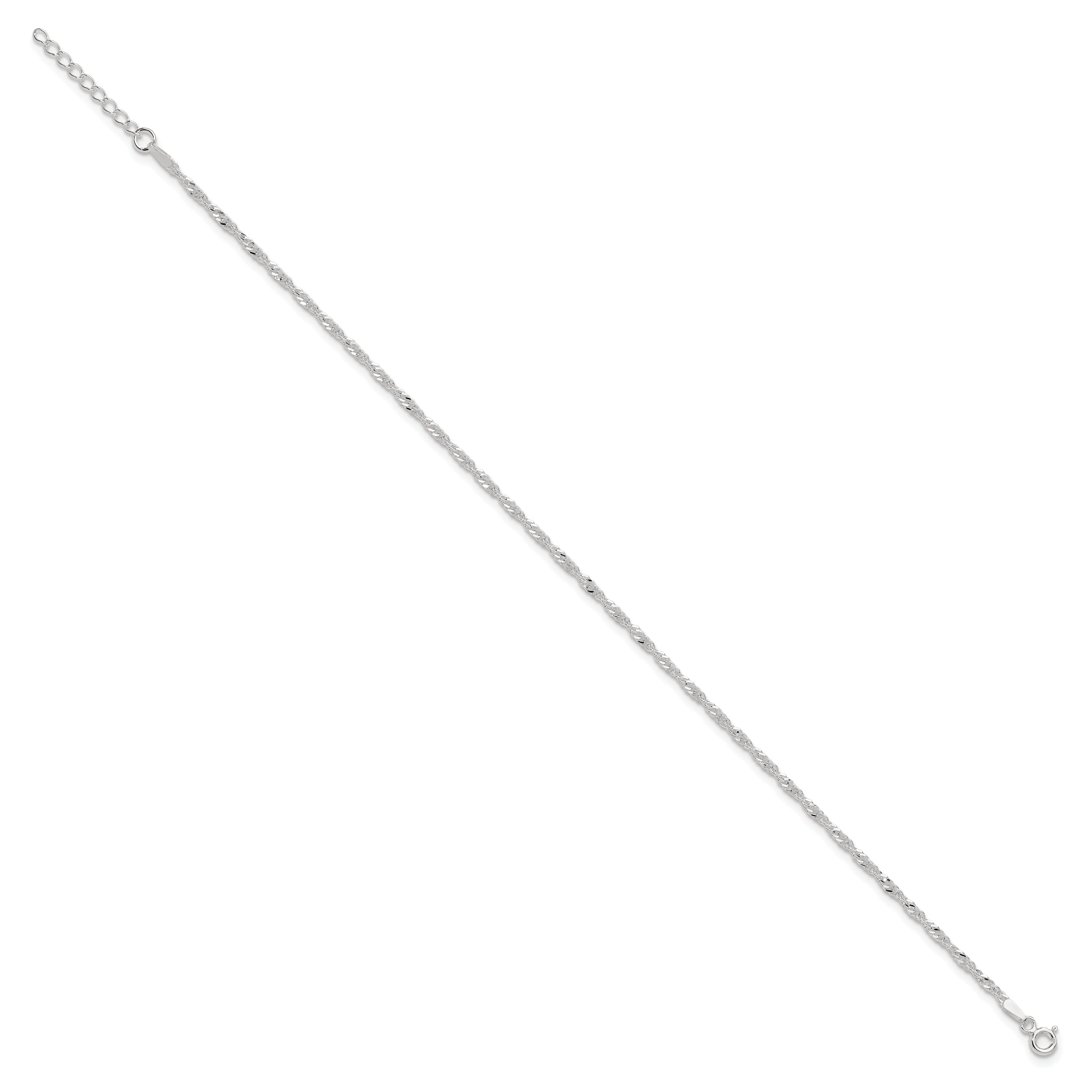 Sterling Silver 2mm Singapore Chain 10 inch Plus 1 inch Extender Chain - Total 11 inch Anklet