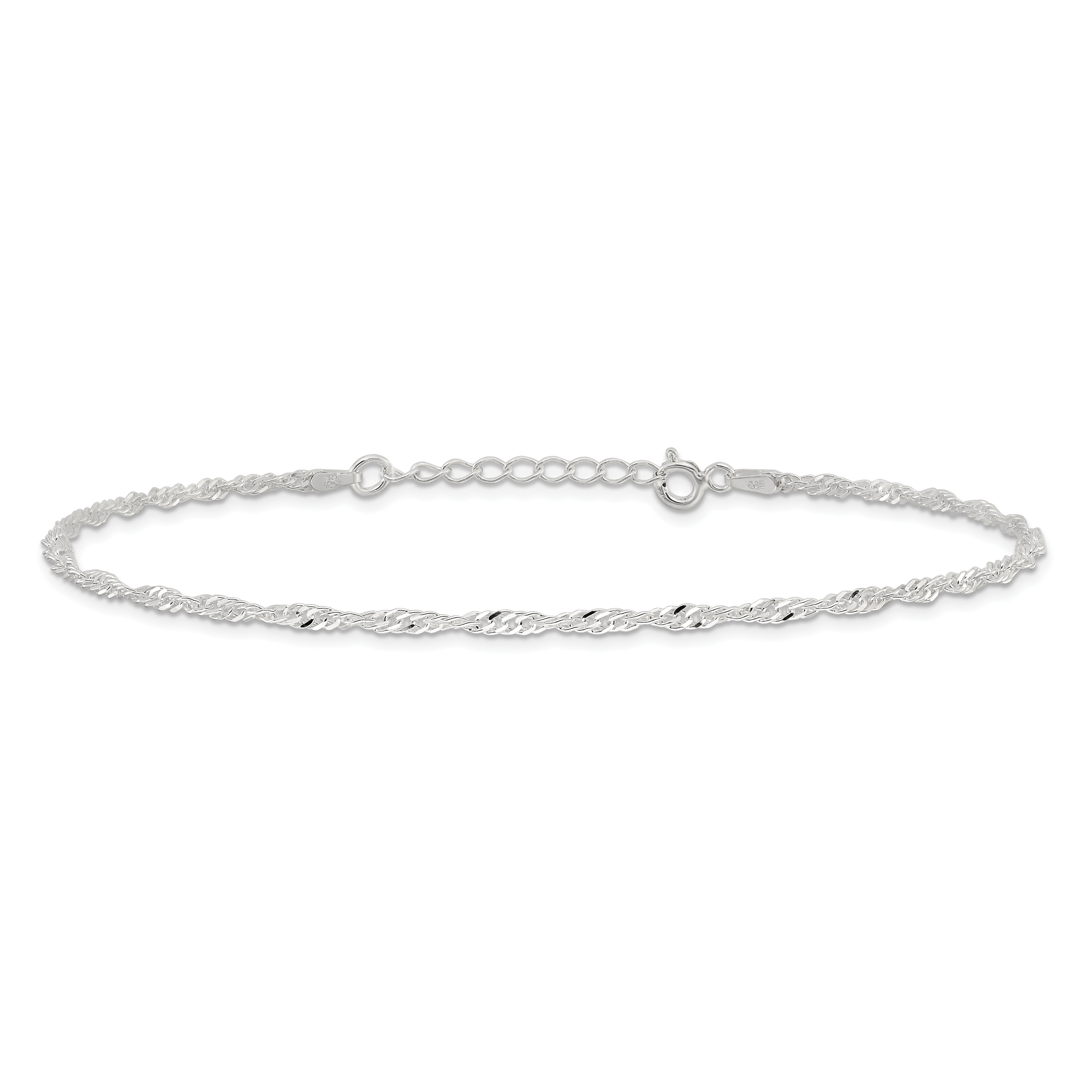 Sterling Silver 2mm Singapore Chain 10 inch Plus 1 inch Extender Chain - Total 11 inch Anklet