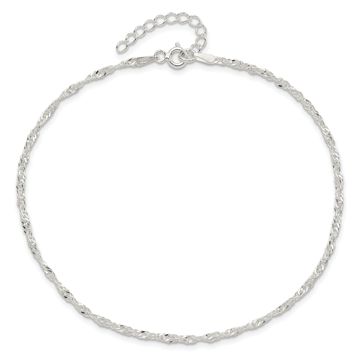 Sterling Silver 2mm Singapore Chain 10 inch Plus 1 inch Extender Chain - Total 11 inch Anklet