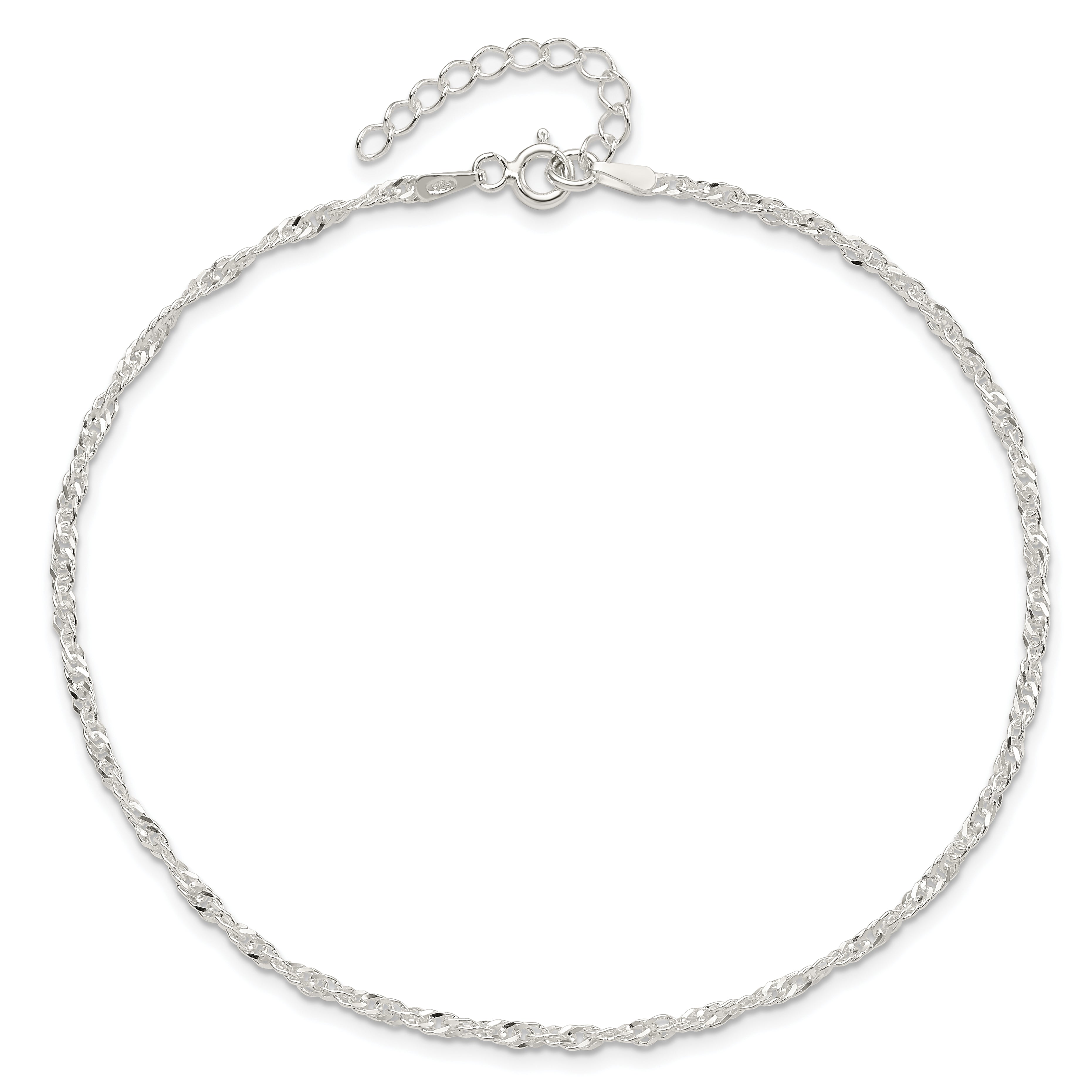 Sterling Silver 2mm Singapore Chain 10 inch Plus 1 inch Extender Chain - Total 11 inch Anklet