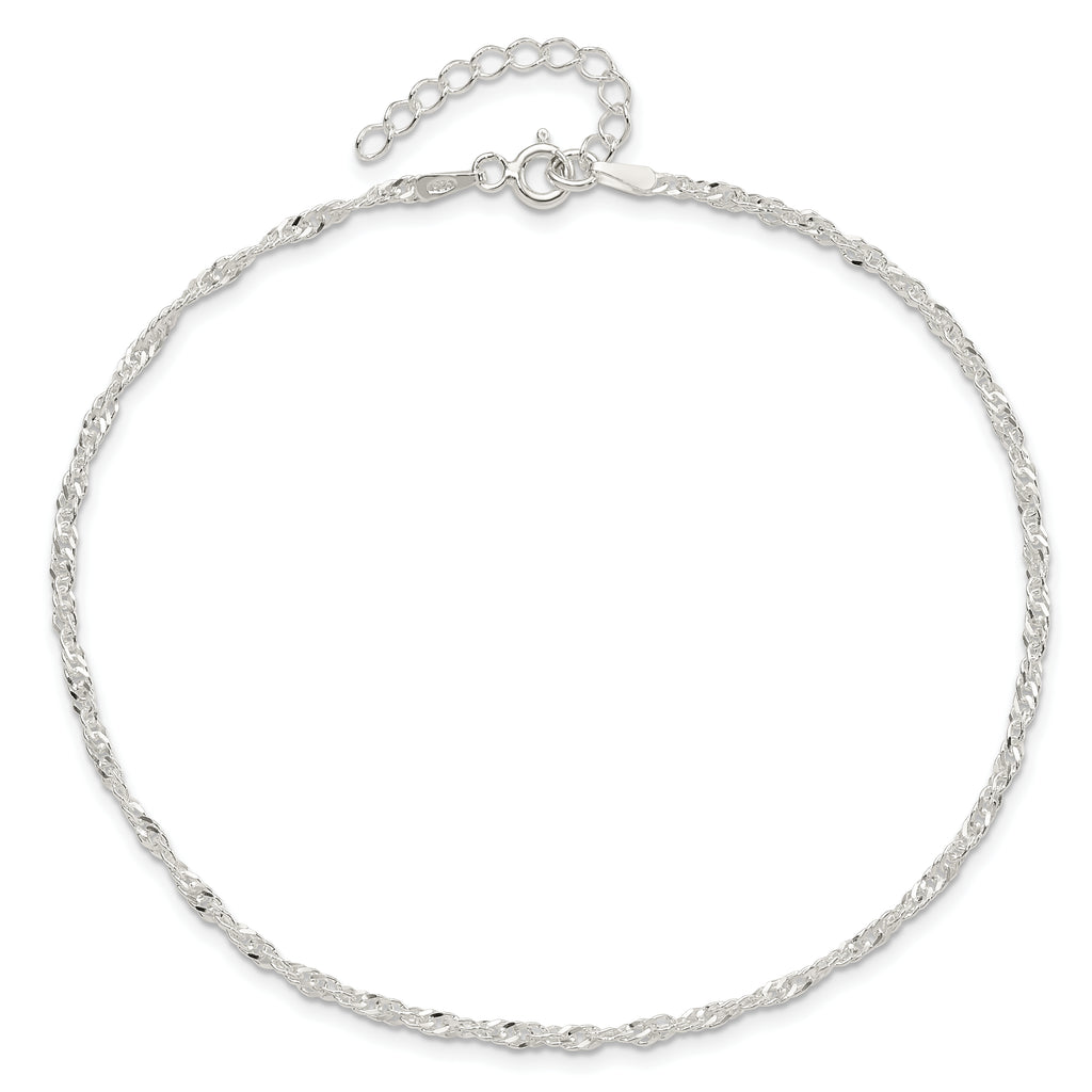 Sterling Silver 2mm Singapore Chain 10 inch Plus 1 inch Extender Chain - Total 11 inch Anklet
