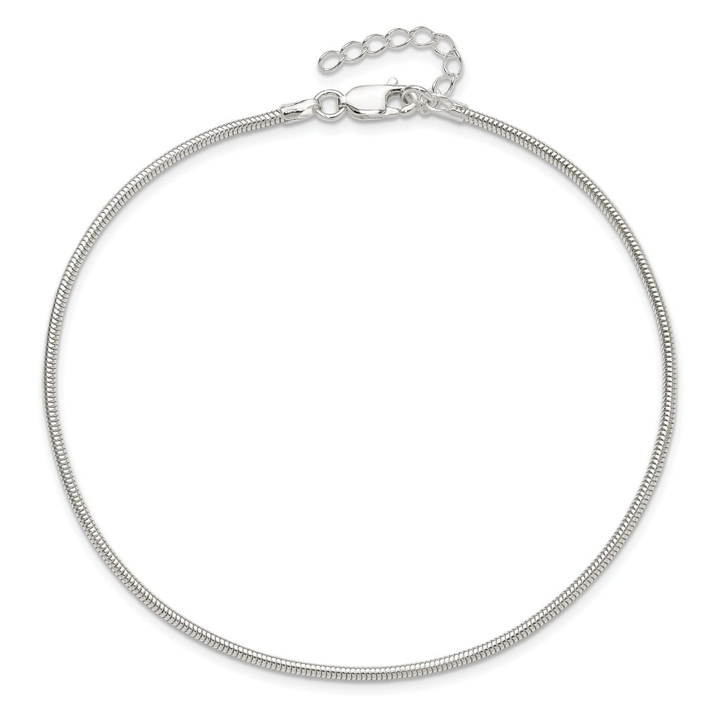 Sterling Silver 1.5mm Round Snake Chain 9 inch Plus 1 inch Extender - Total 10 inch Anklet