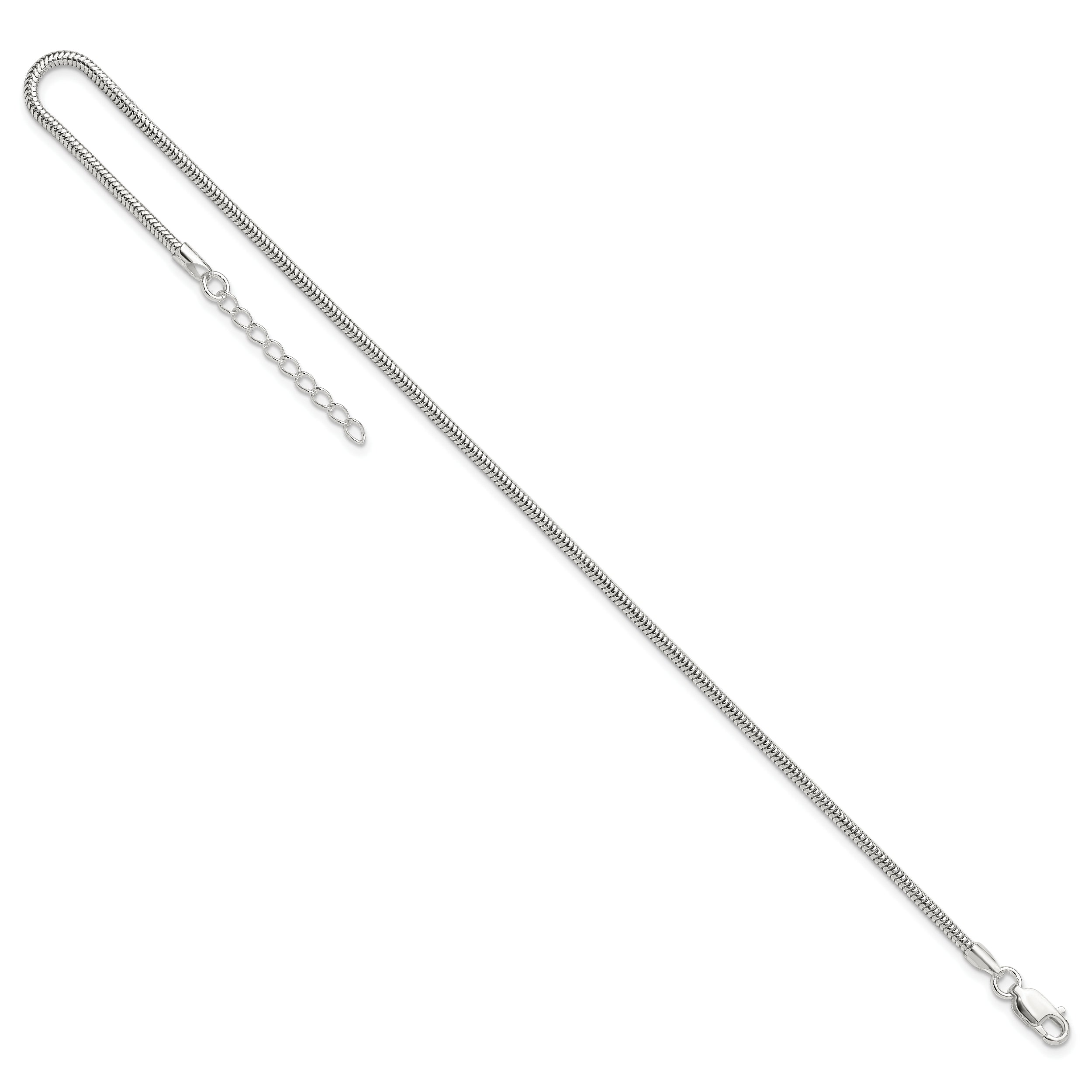 Sterling Silver 2mm Snake Chain 9 inch Plus 1 inch Extender - Total 10 inch Anklet