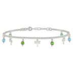 Sterling Silver Dragonfly with Aqua and Green Beads 10 inch Plus 1 inch Extender - Total 12 inch Anklet