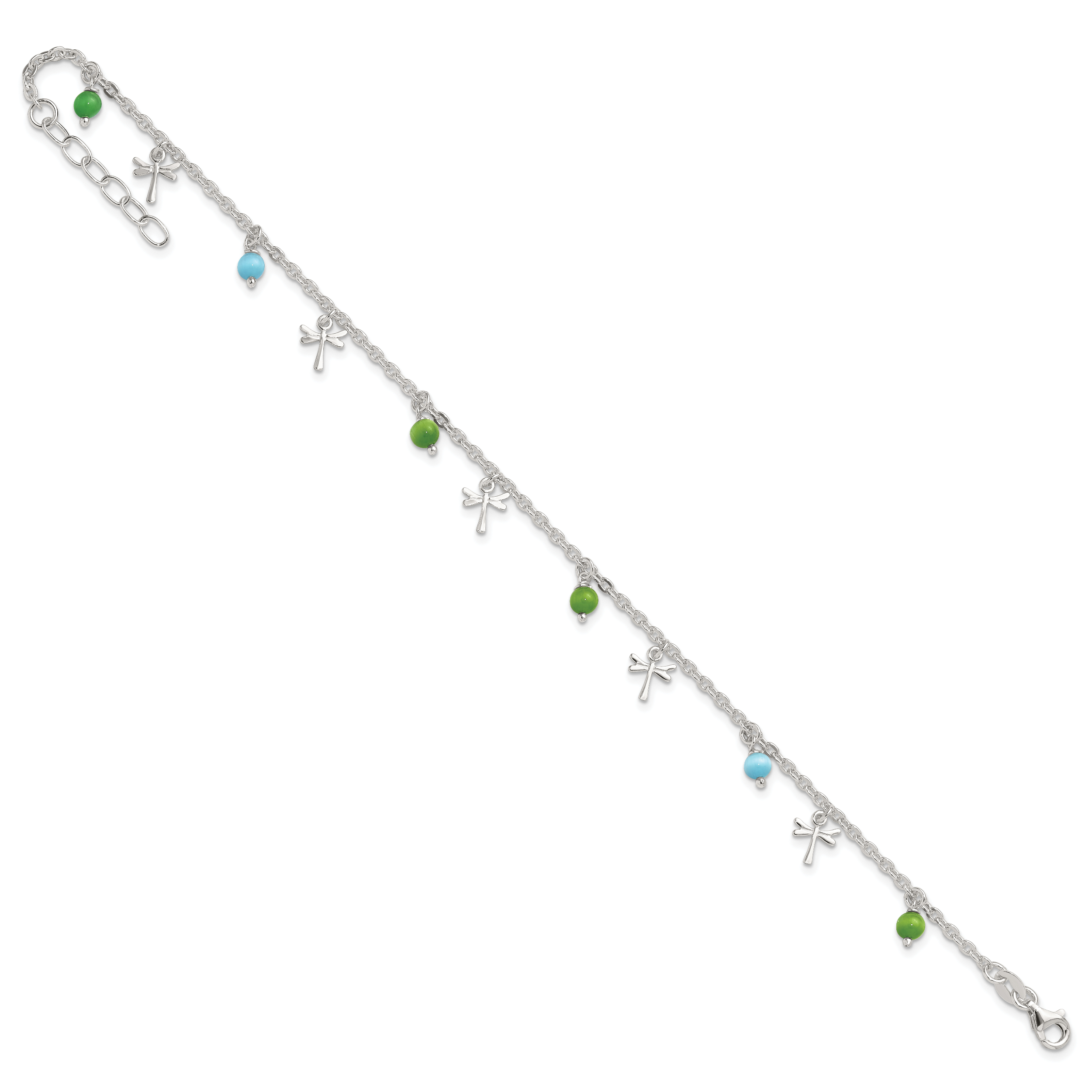 Sterling Silver Dragonfly with Aqua and Green Beads 10 inch Plus 1 inch Extender - Total 11 inch Anklet