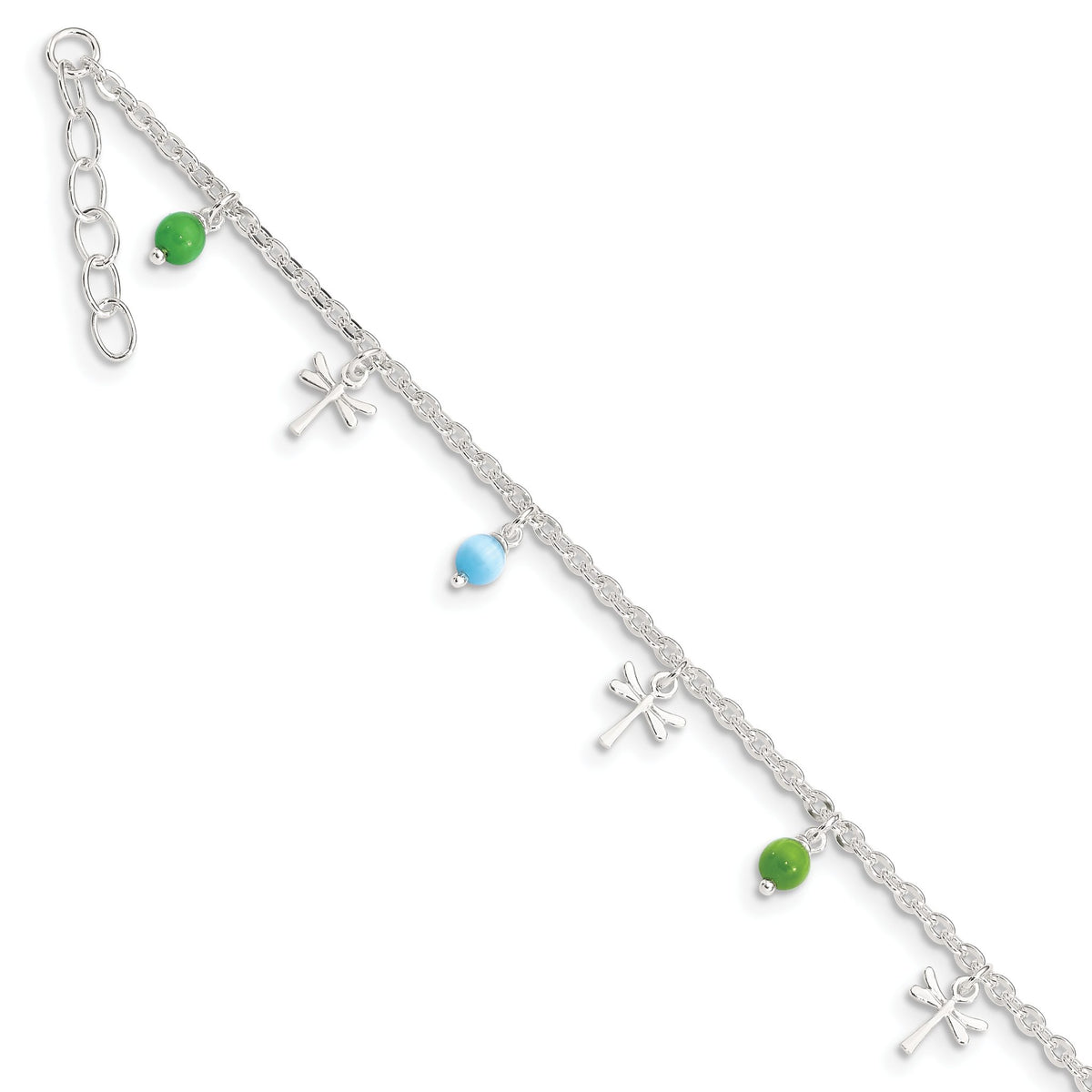 Sterling Silver Dragonfly with Aqua and Green Beads 10 inch Plus 1 inch Extender - Total 11 inch Anklet - Sophia Jewelers Main image