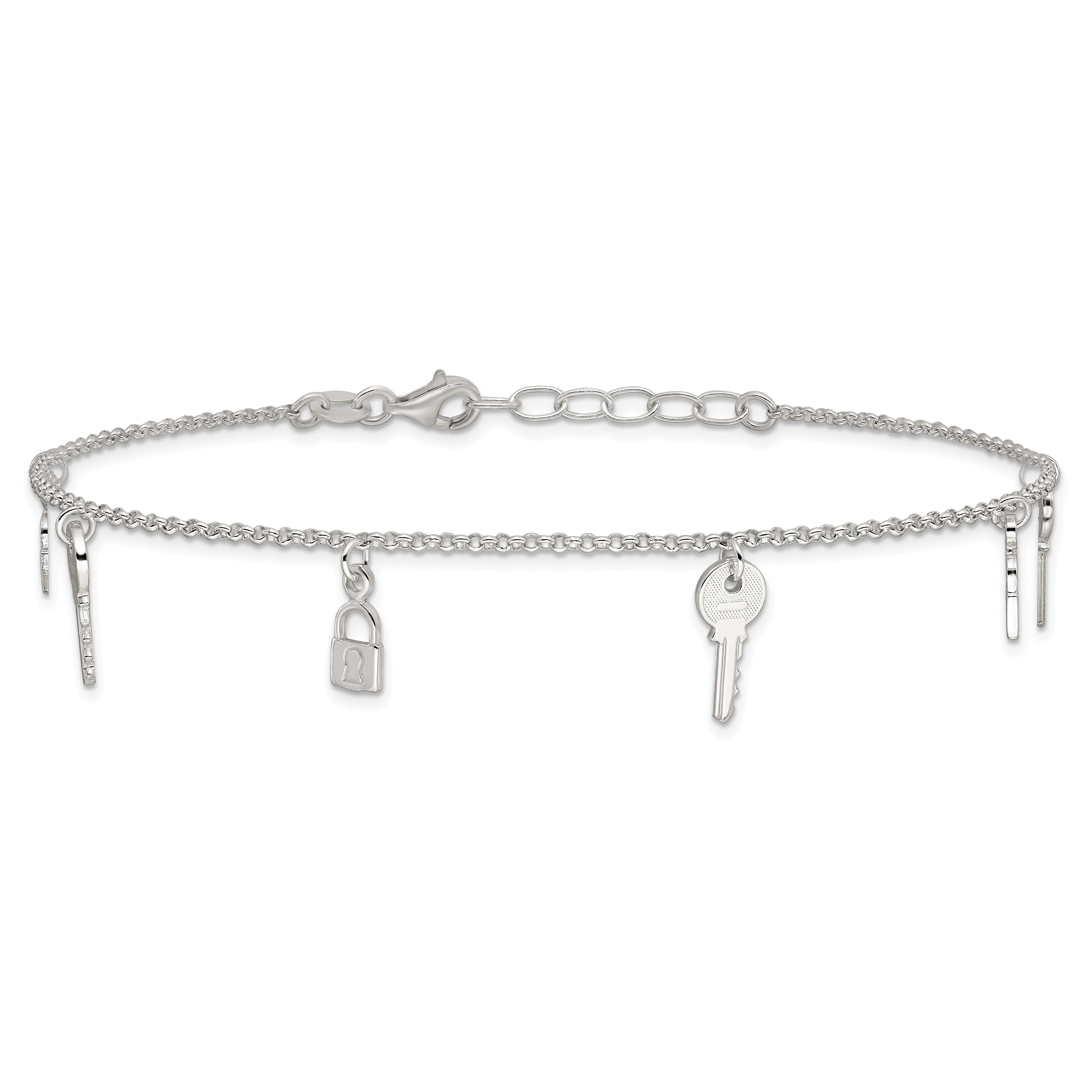Sterling Silver Lock and Key 10 inch Plus 1 inch Extender - Total 11 inch Anklet