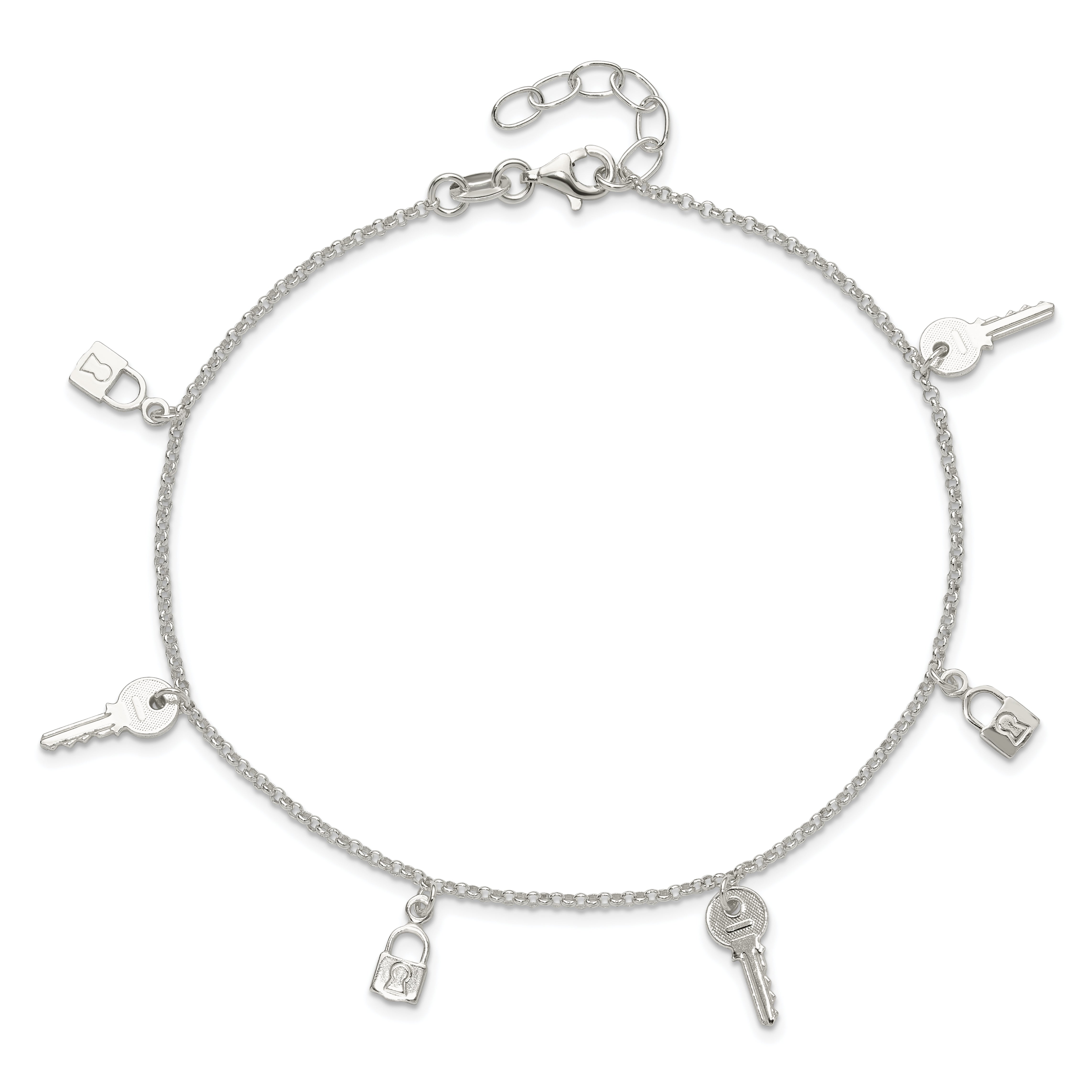 Sterling Silver Lock and Key 10 inch Plus 1 inch Extender - Total 11 inch Anklet