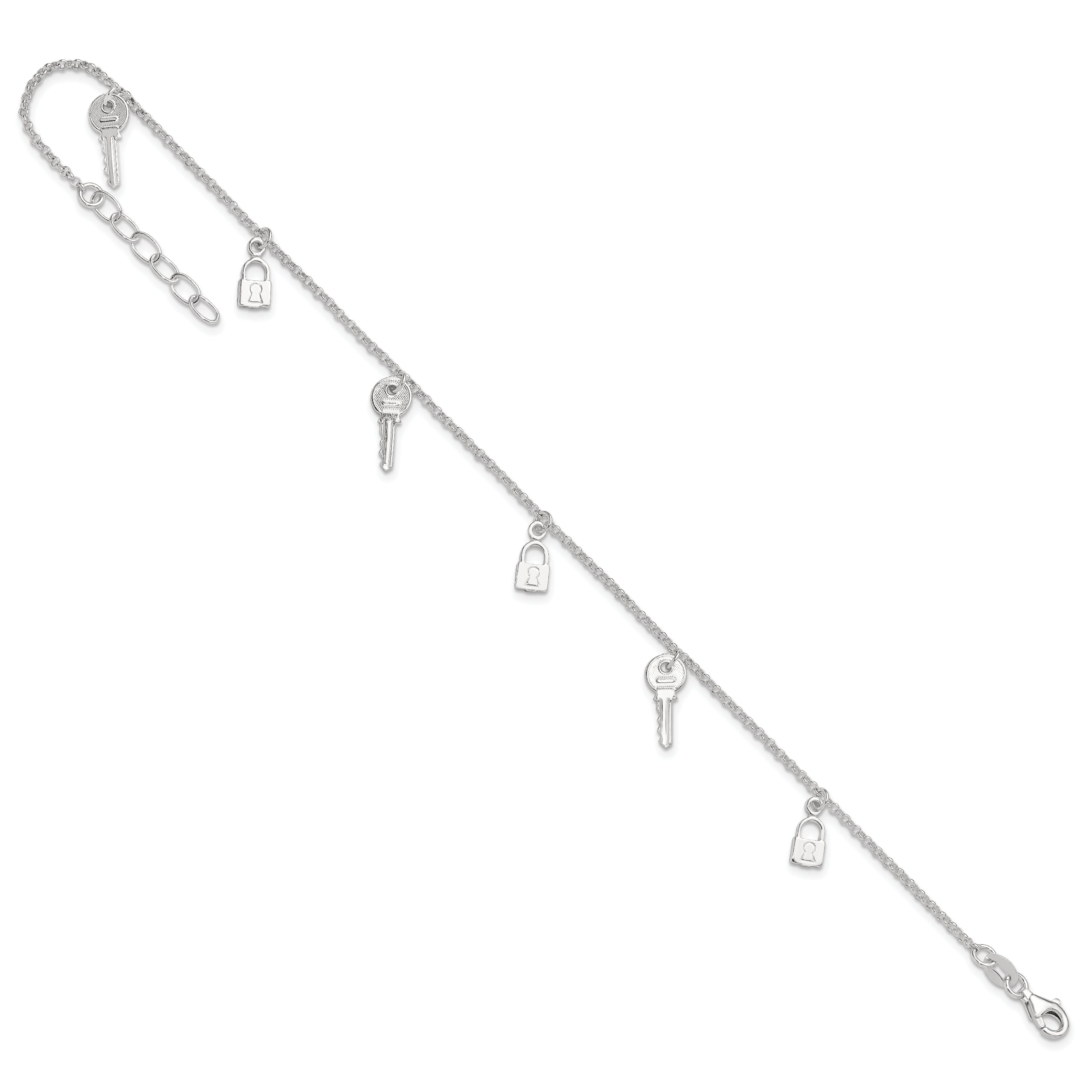 Sterling Silver Lock and Key 9 inch Plus 1 inch Extender - Total 10 inch Anklet