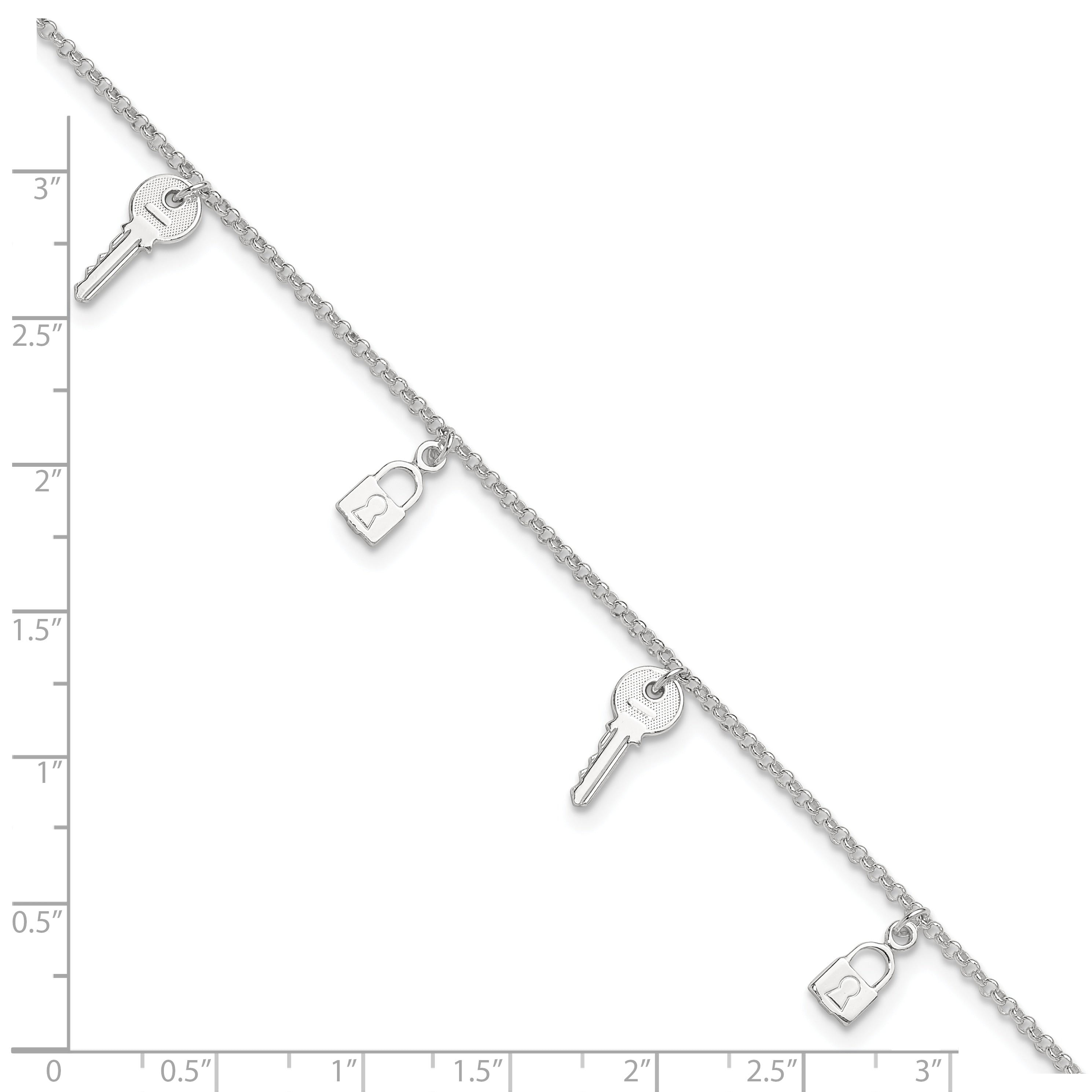 Sterling Silver Lock and Key 9 inch Plus 1 inch Extender - Total 10 inch Anklet