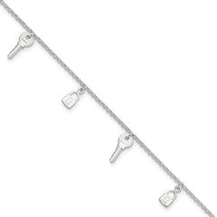 Sterling Silver Lock and Key 10 inch Plus 1 inch Extender - Total 11 inch Anklet