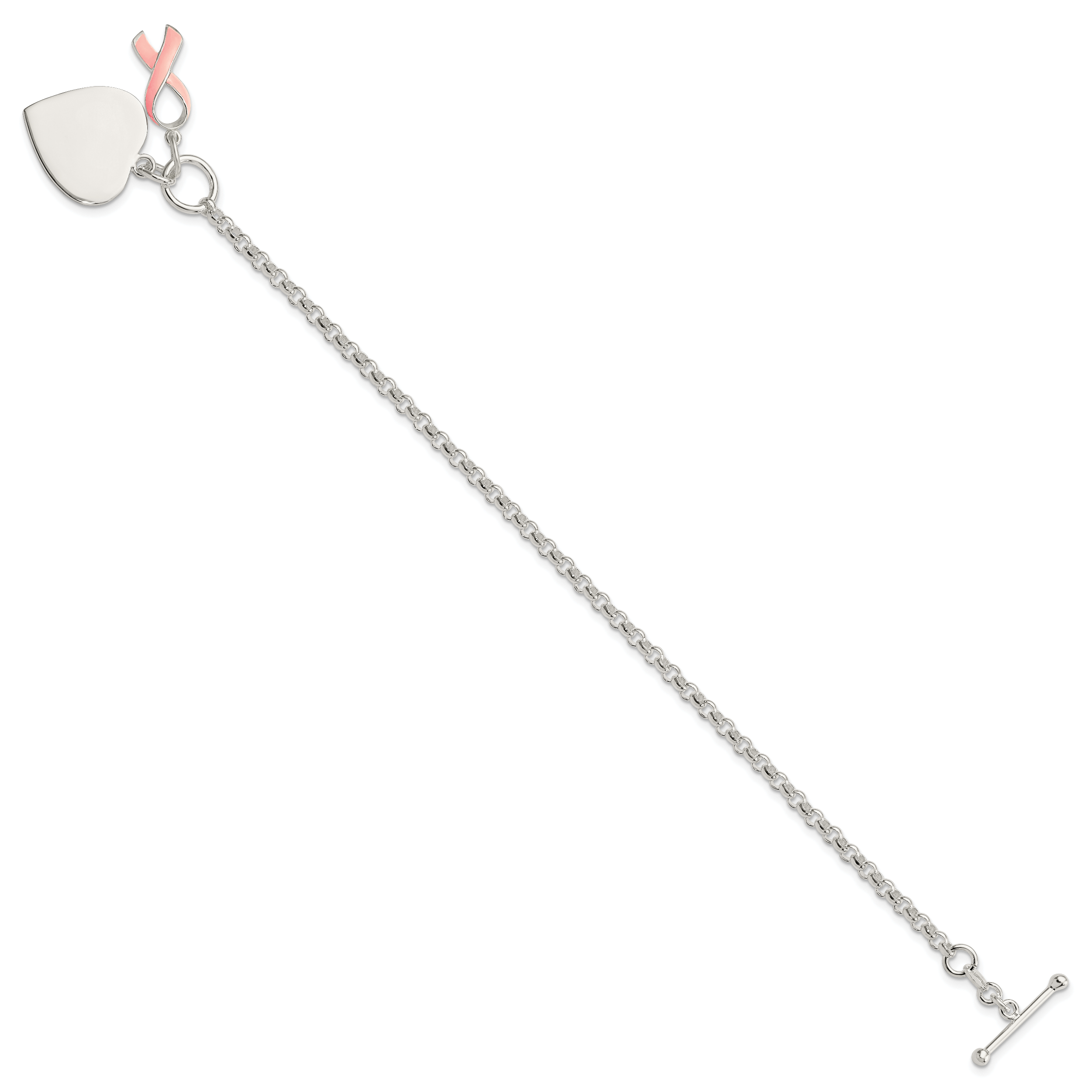 Sterling Silver Fancy Engraveable Heart with Pink Ribbon Bracelet