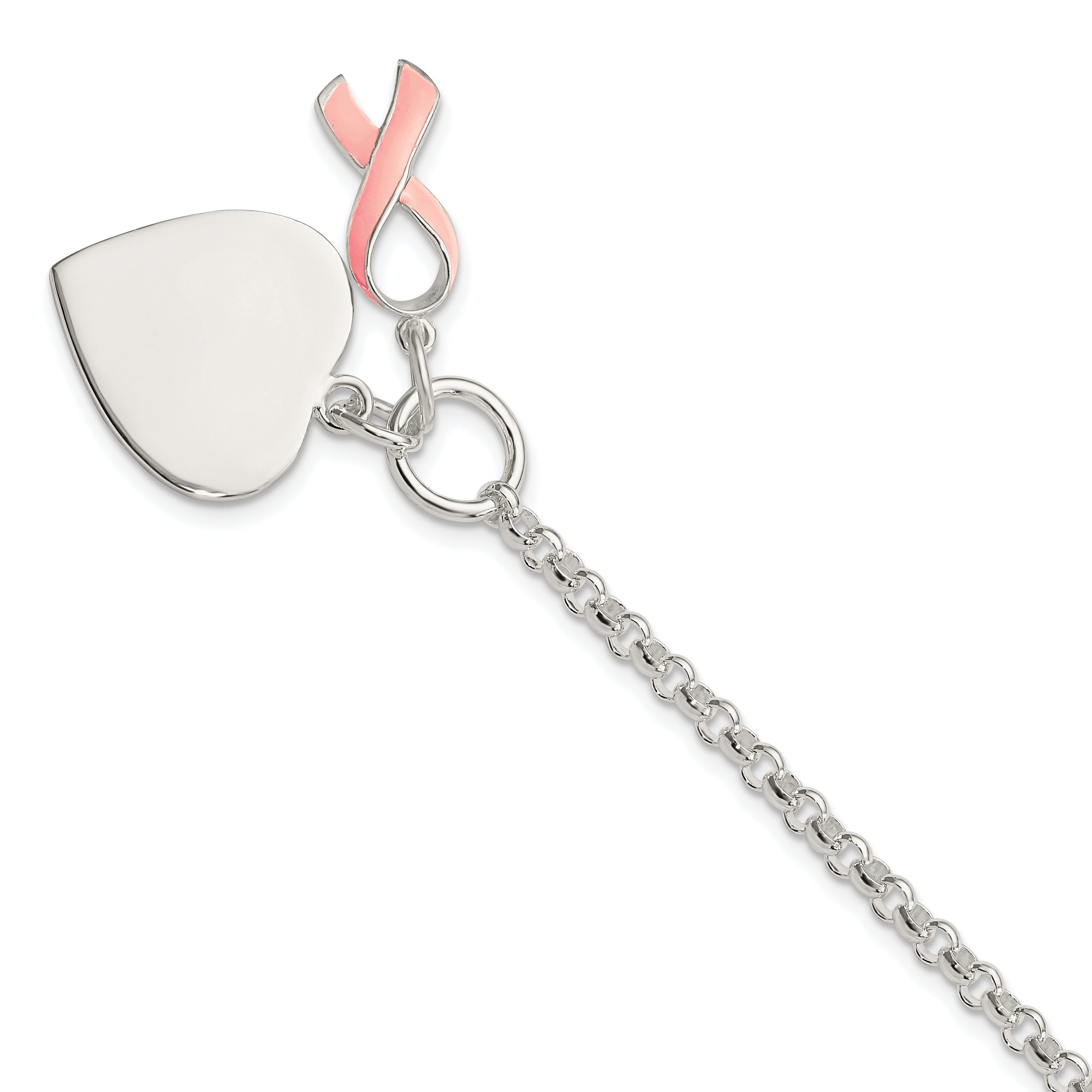 Sterling Silver Fancy Engraveable Heart with Pink Ribbon Bracelet Main image