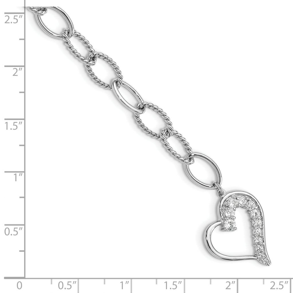 Sterling Silver Rhodium Plated Journey Heart CZ Dangle Bracelet