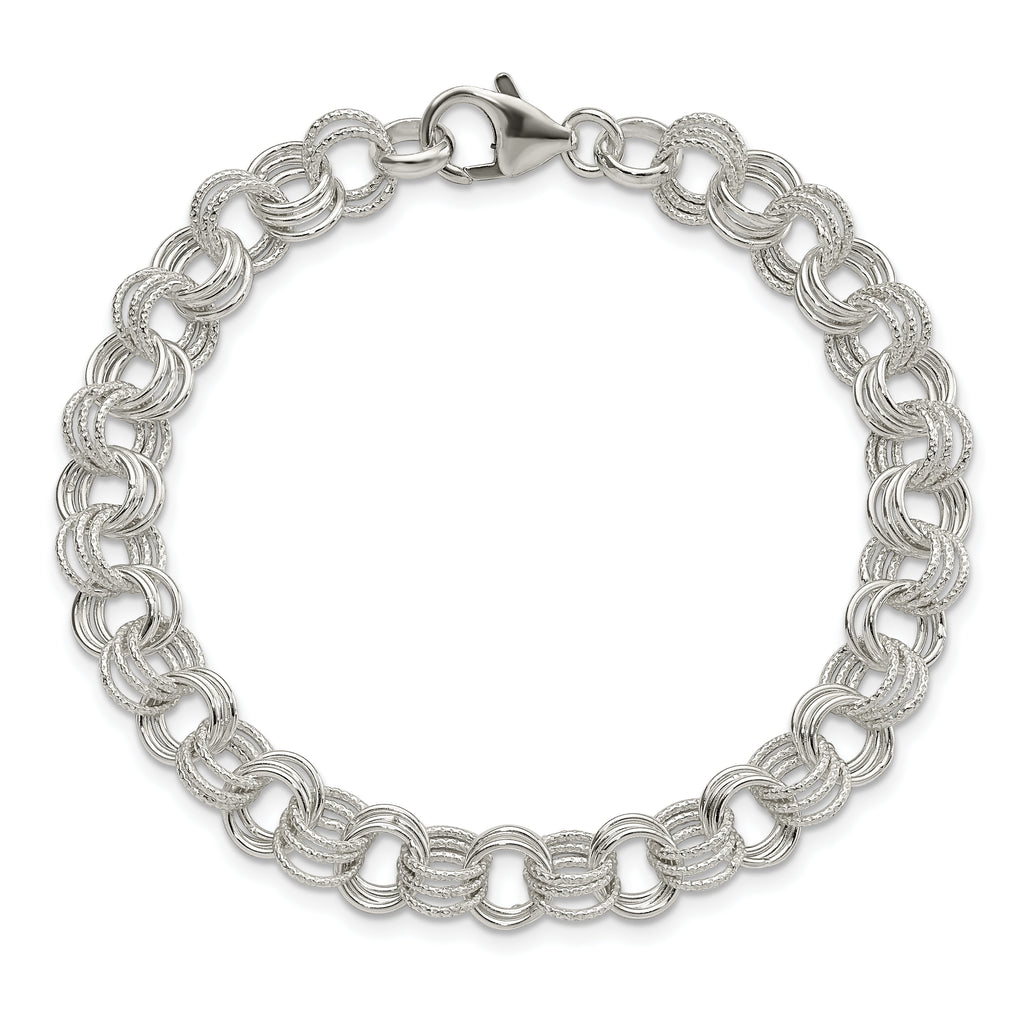 Sterling Silver Polished and Textured 8mm Solid Triple Link 7.5 inch Charm Bracelet